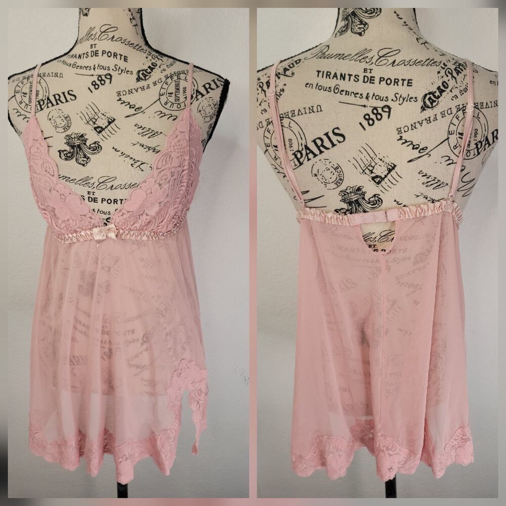Fredericks Of Hollywood Babydoll Top SZ M Sheer V Neck Pink Bow Coquette Fairy